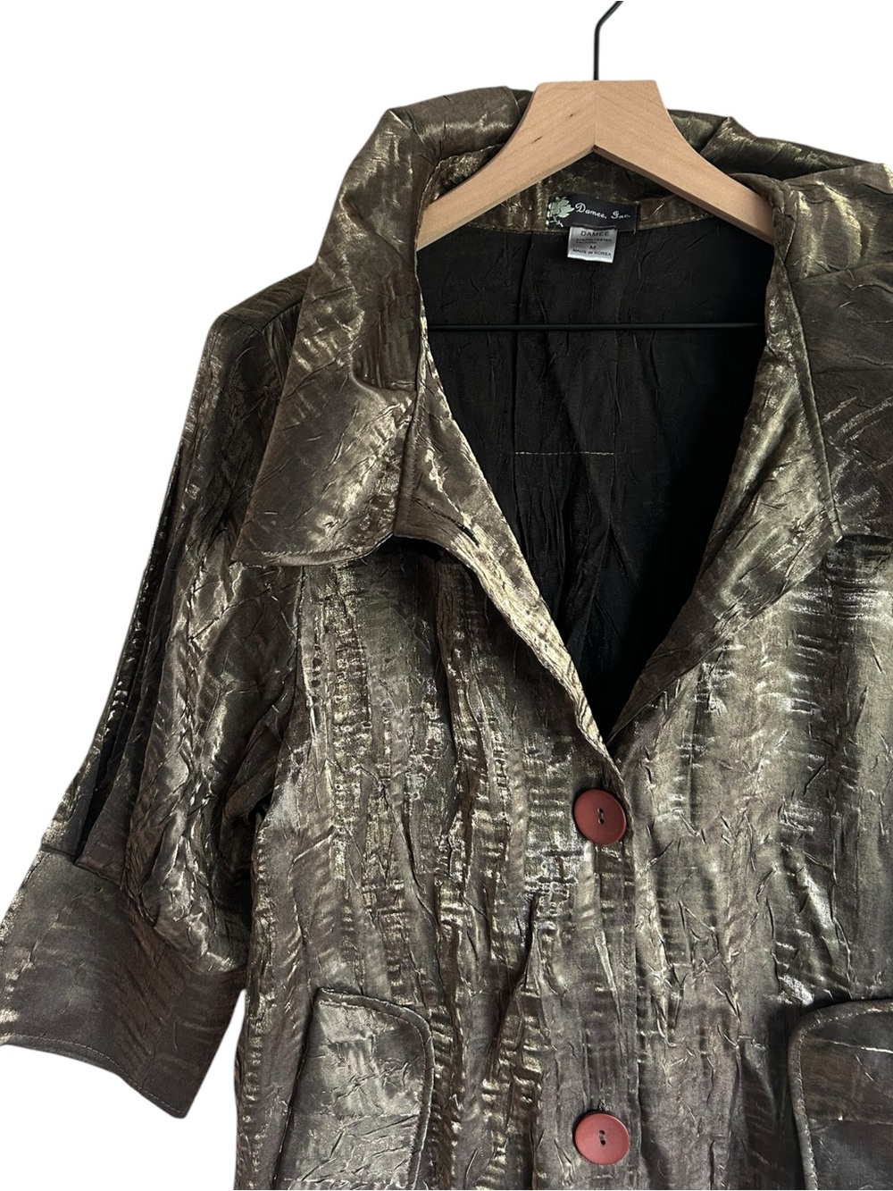 Damee Bronze Gold Ruffle Neck Swing Jacket Size Medium - Picture 2 of 6